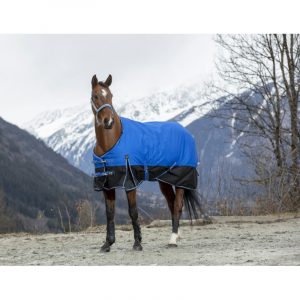 Попона дождевая EQUITHEME 1200D с нейлоновой подкладкой с высокой шеей, чёрная/голубая