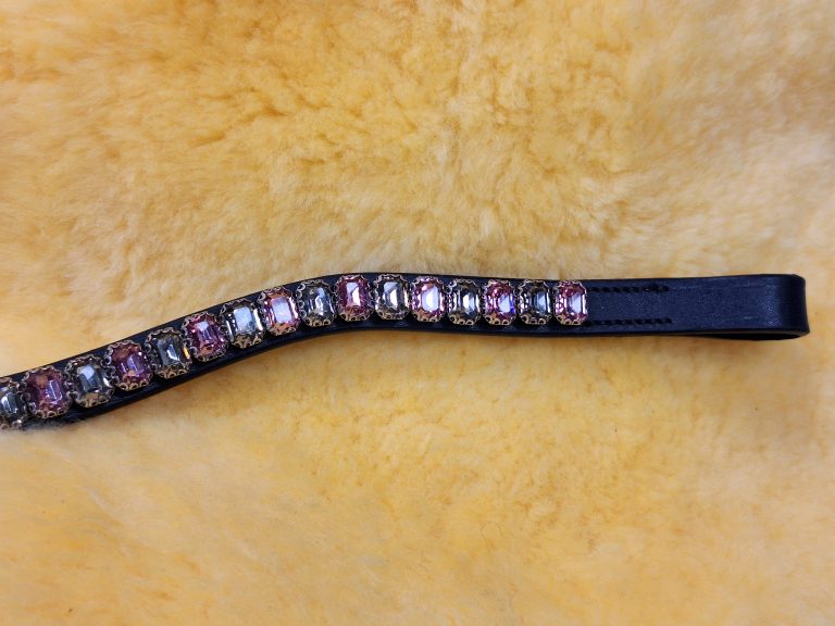 Налобник кожаный фигурный LeatherArt розовые и зелёные камни