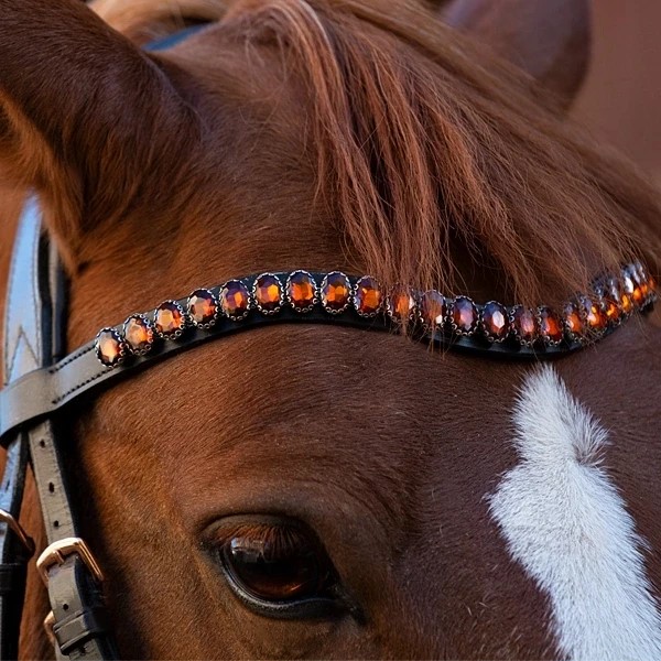 Налобник кожаный фигурный LeatherArt оранжевые камни
