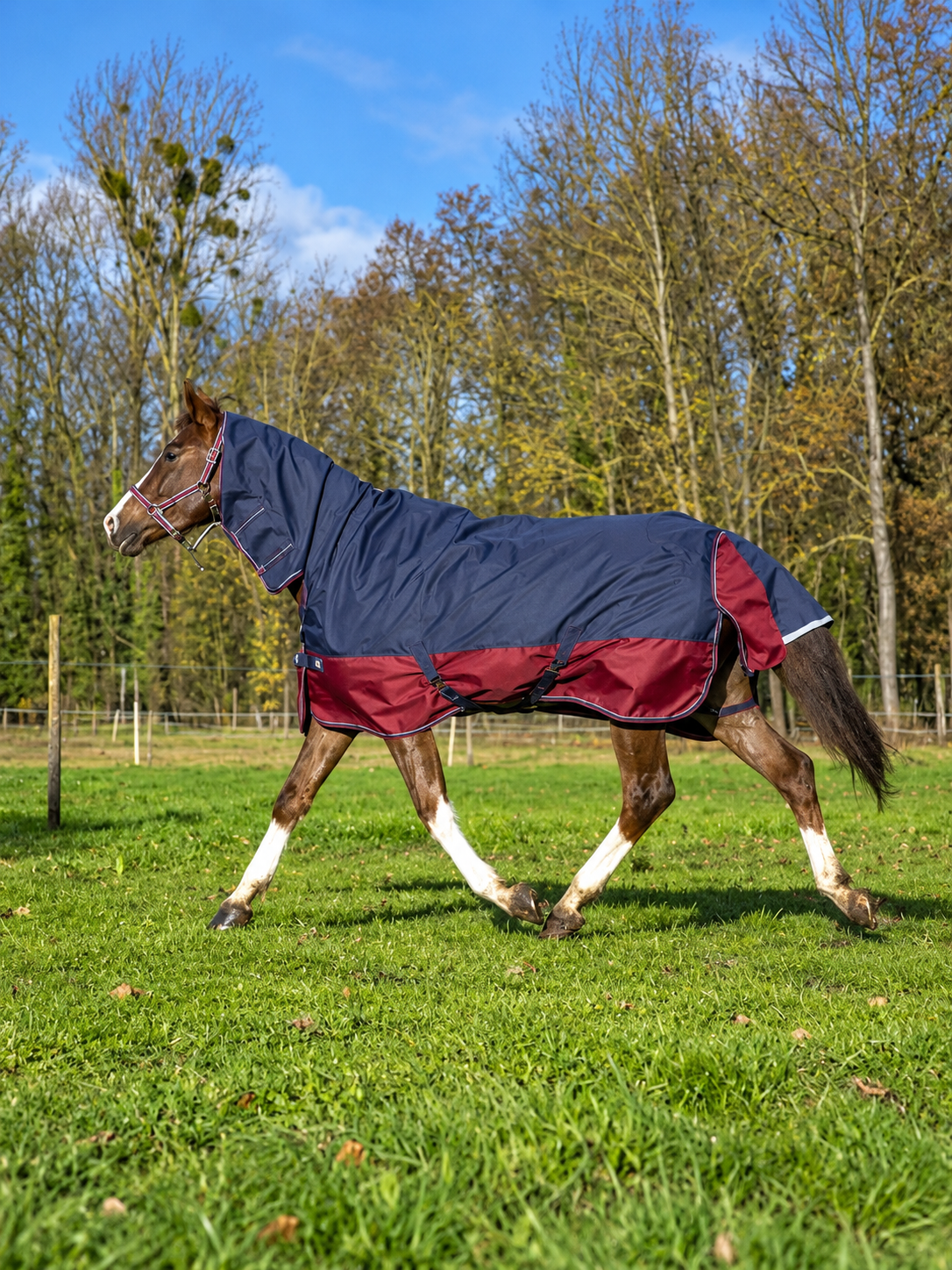 Попона дождевая EQUITHEME 1200 D с капором сине-бордовая