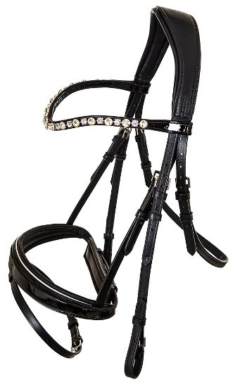 Оголовье анатомическое LeatherArt лак, кристалы, с поводом, чёрное